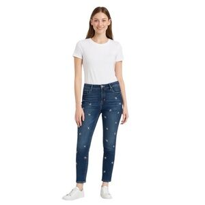 Earl NEW Medium Wash Boho Rhinestone Flower Mid Rise Skinny Denim Jeans Size 10